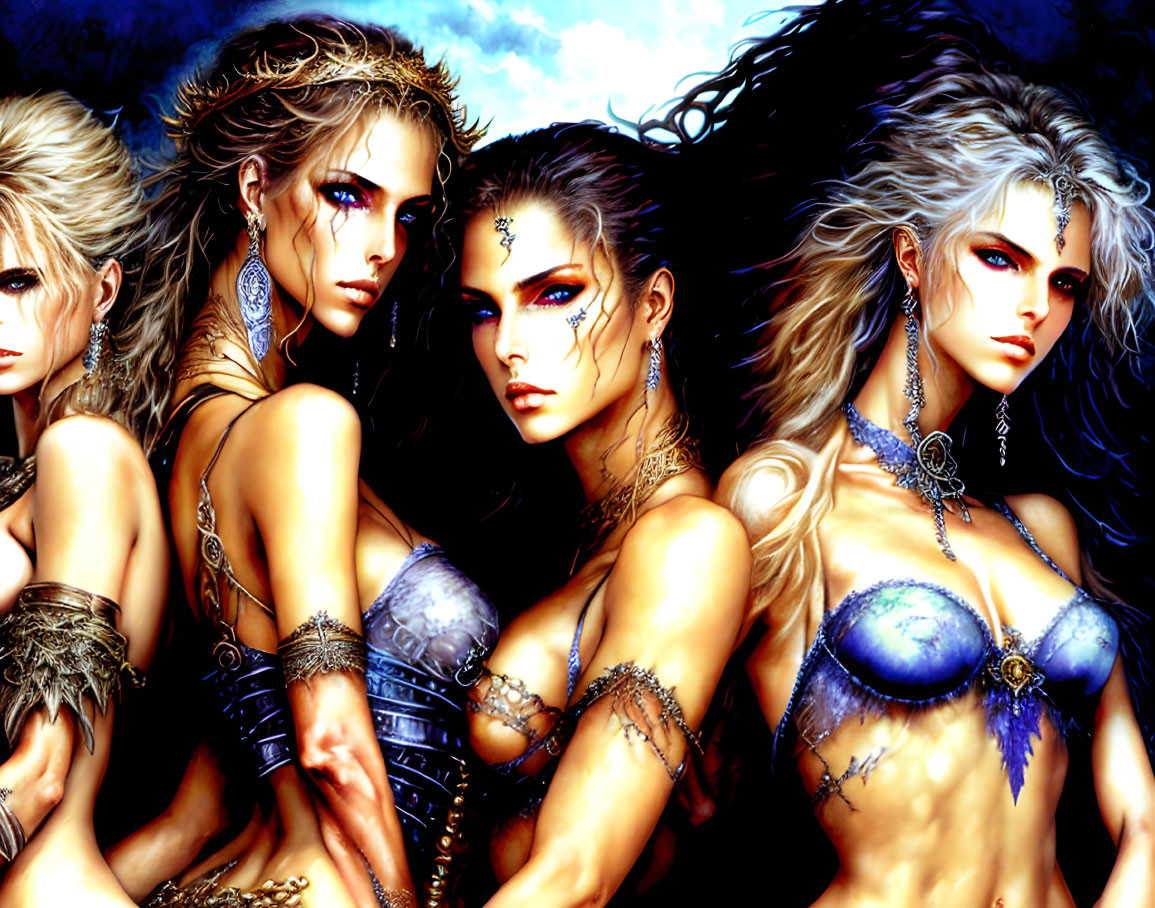 Fantasy warrior women with elaborate jewelry and intense gazes