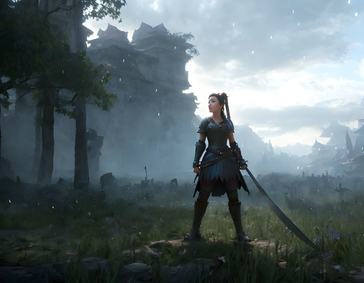 Female warrior with sword in misty forest clearing and ancient ruins.