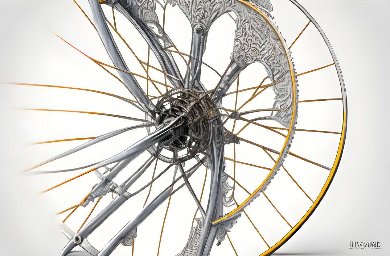 Detailed view of metallic bicycle wheel hub and spokes on white background