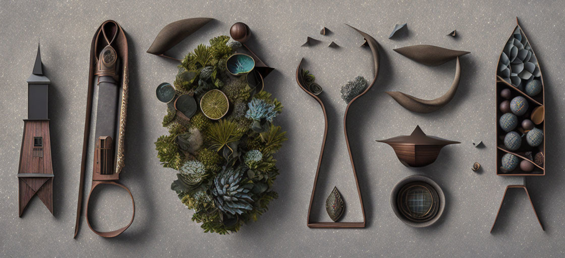 Flat Lay Still Life with Knife, Pen, Plants, Spoon & Stones