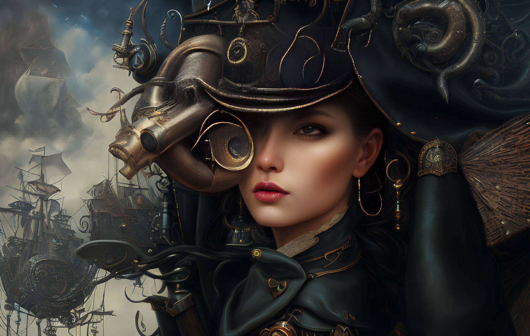 Steampunk-themed portrait featuring woman with mechanical hat and airships.