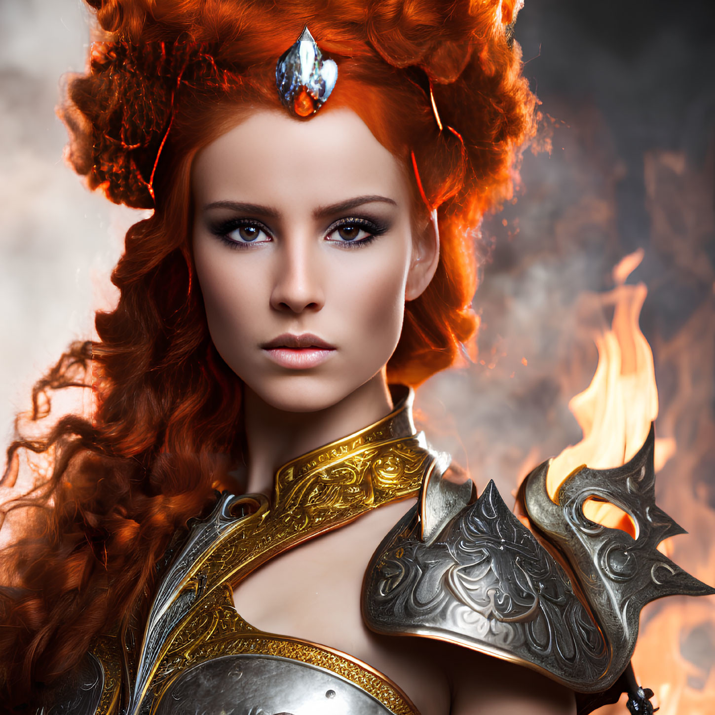 Fiery Red-Haired Woman in Ornate Armor with Forehead Gem on Fiery Background