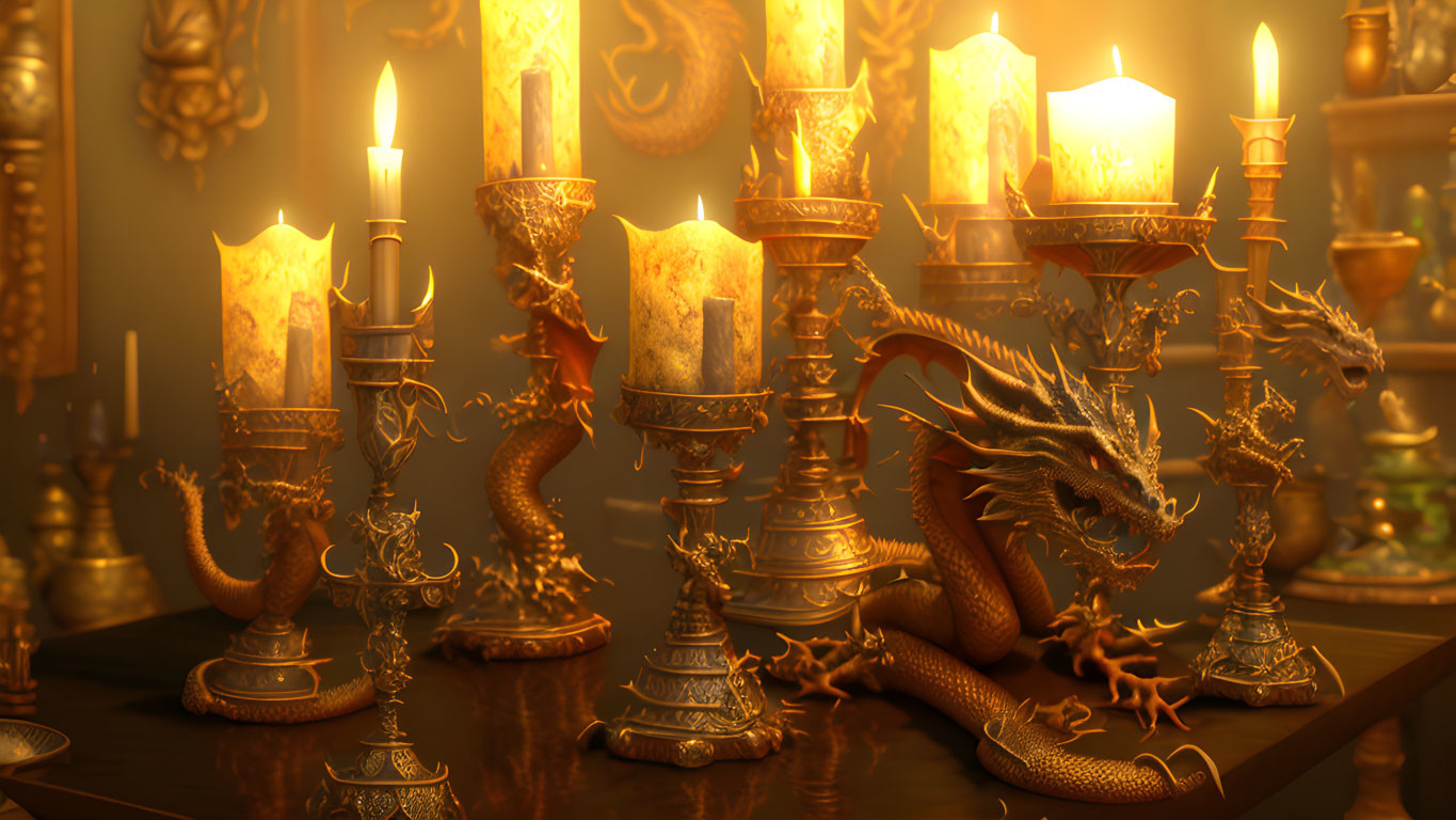 Elaborate Dragon-Themed Candle Holders on Wooden Surface