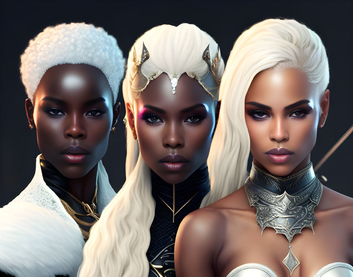 Three fantasy women with unique hairstyles and ornate accessories on dark background