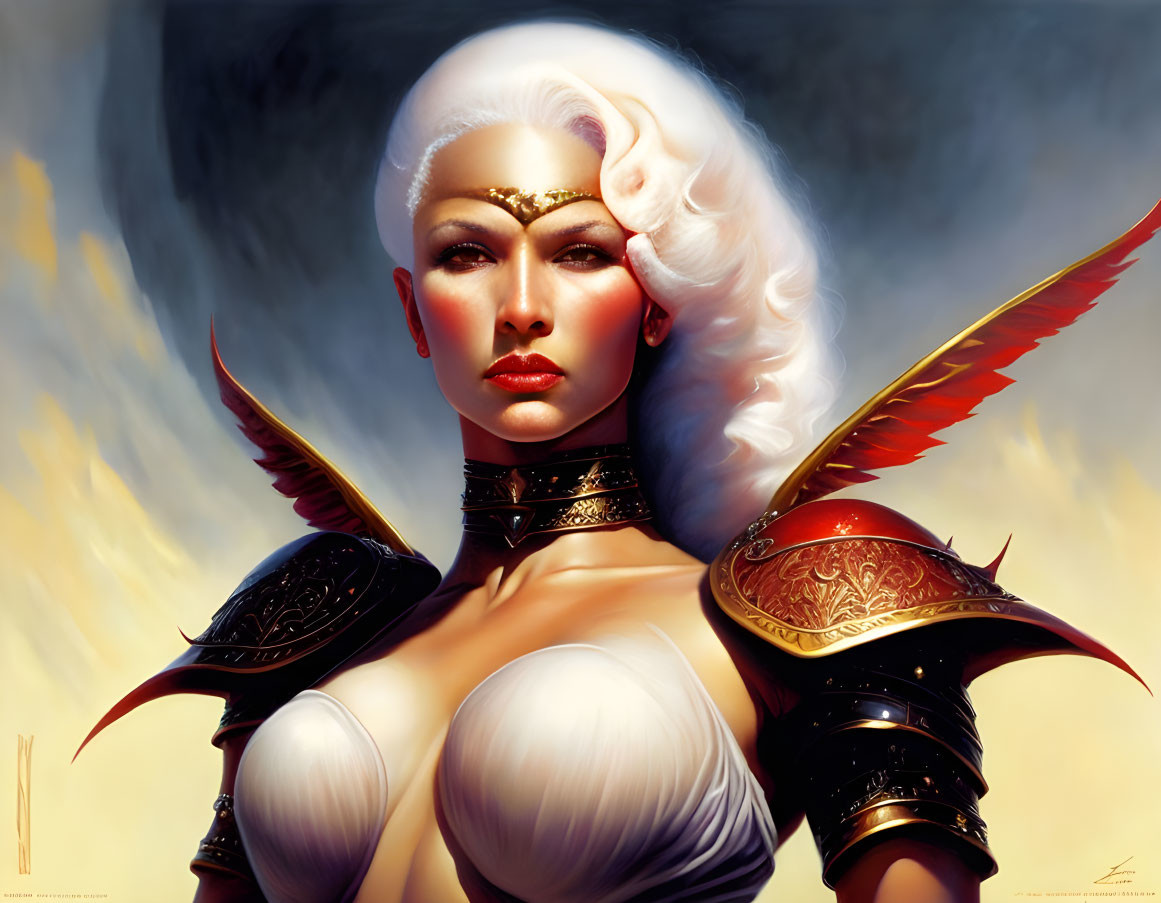 Majestic white-haired woman in golden-winged helmet and ornate armor on stormy background