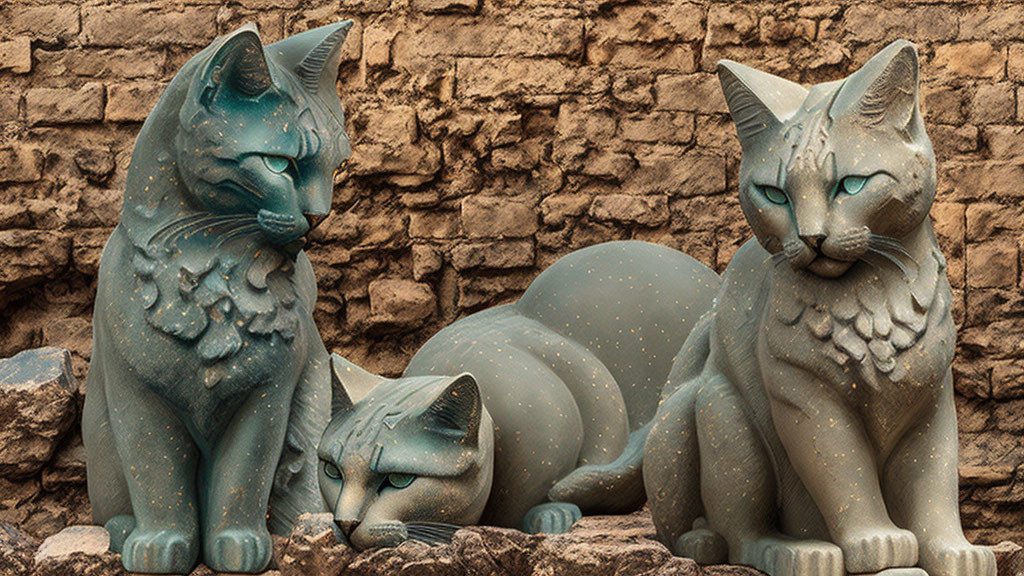 Three stone cat statues against brick wall - ancient aesthetic