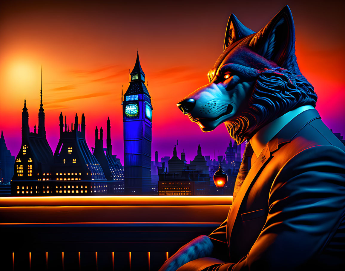 Anthropomorphic Wolf in Suit Watching London Skyline at Sunset