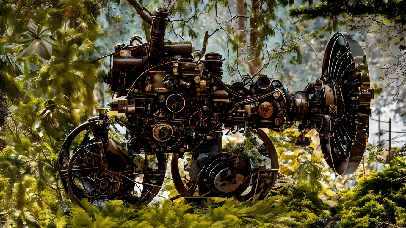 Steampunk-style motorcycle with intricate gears in lush forest setting