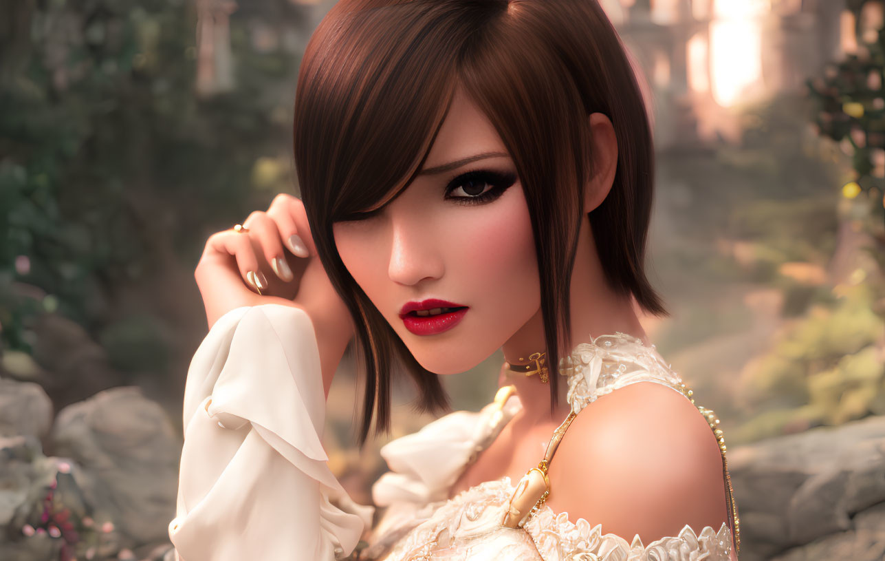 Digital artwork: Woman with short brown hair and striking makeup in white dress with gold accents against blurred natural