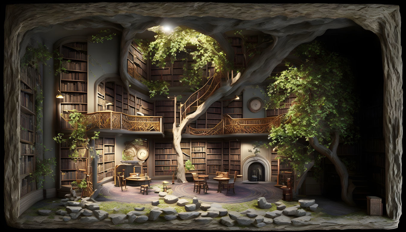 Enchanting Cave Library with Tree, Books, and Balconies