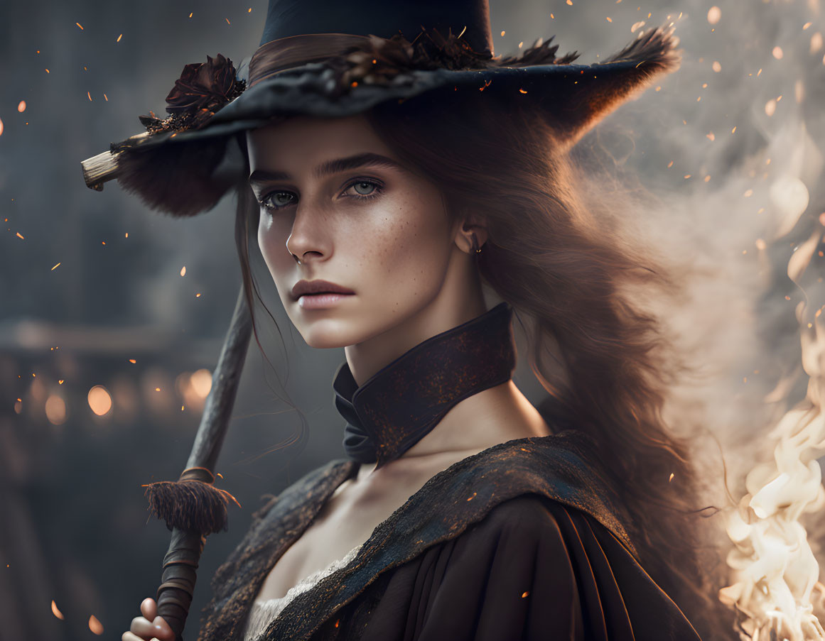 Freckled woman in witch costume surrounded by fire sparks