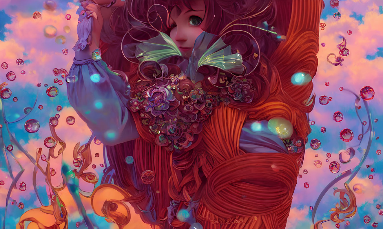 Colorful Illustration of Girl with Red Hair Surrounded by Bubbles, Flowers, and Butterfly