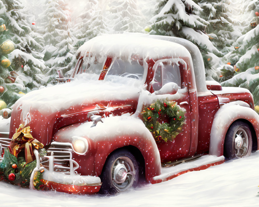 Vintage Red Truck Covered in Snow with Christmas Decorations in Snowy Forest