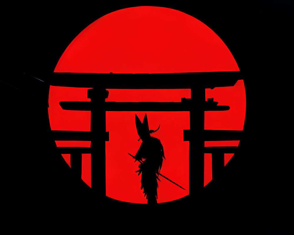 Samurai silhouette in front of stylized torii gate with red sun.