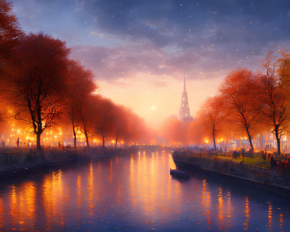 Serene river at twilight with autumn trees, Eiffel Tower, stars, and boat