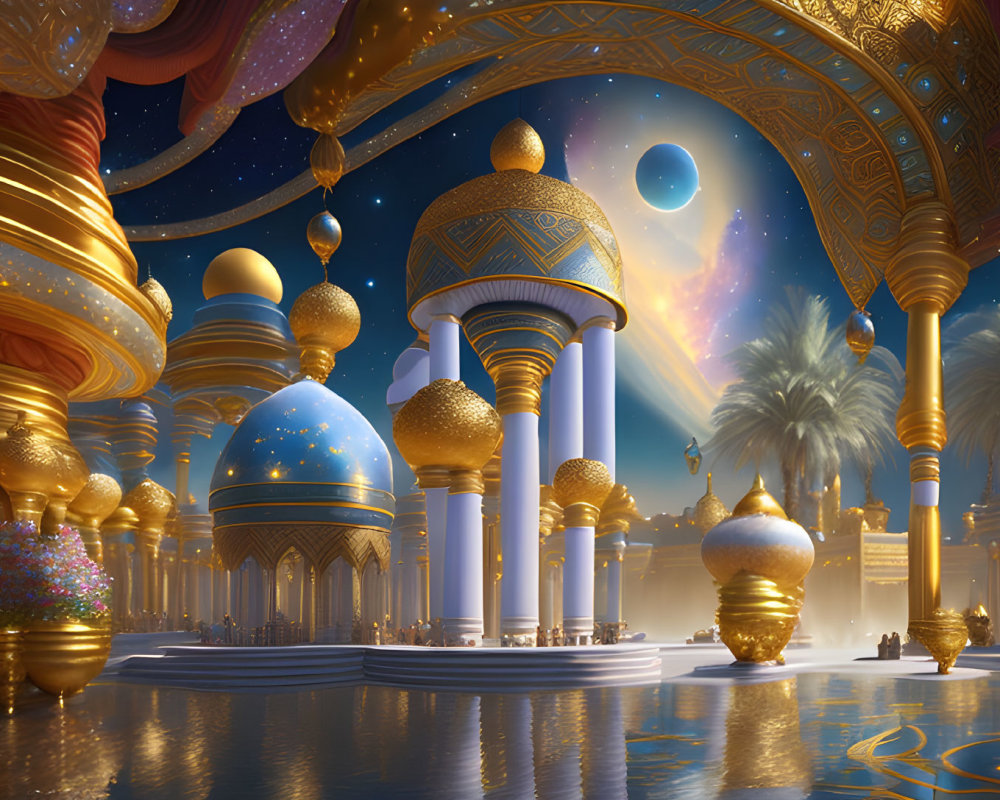 Opulent fantasy palace with golden domes and celestial sky