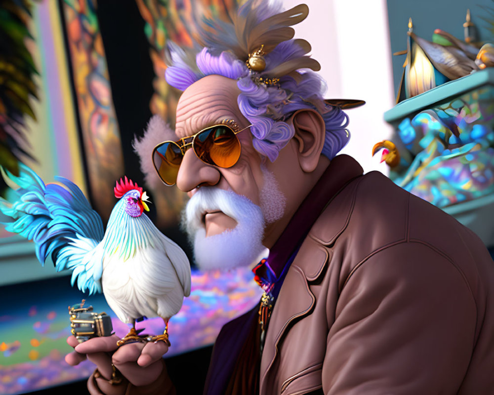 Elderly man with white beard holding rooster in front of vibrant paintings