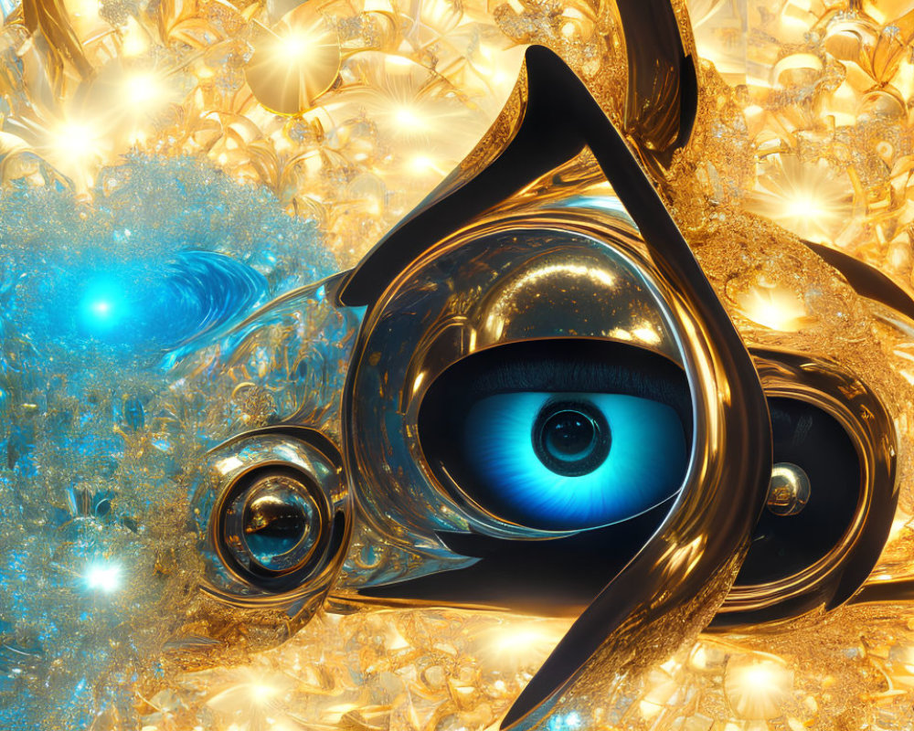 Surreal digital artwork: eye in metallic structures, golden fractals, blue accents