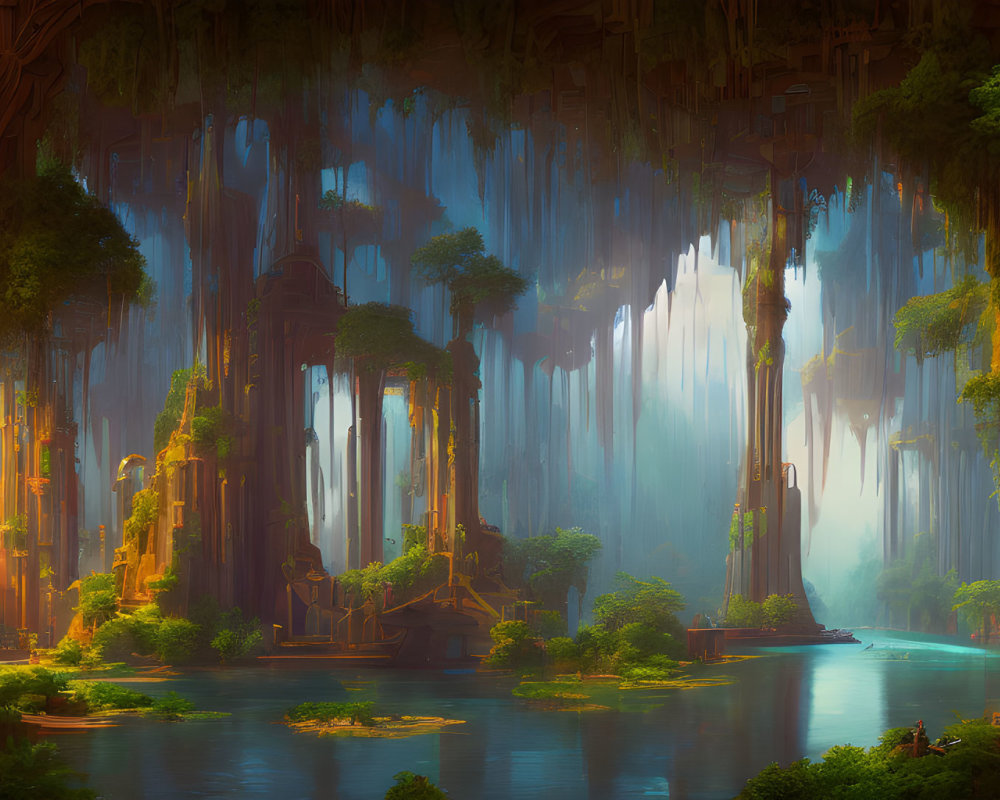 Sunlit mystical forest with towering trees, hanging vines, and serene river