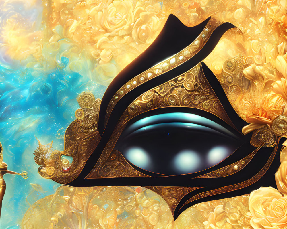 Ornate golden lamp with blue eye in rose and nebula background