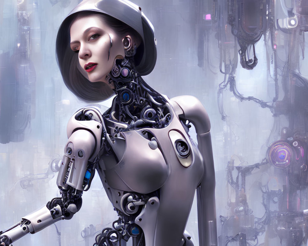 Female Android with Human-like Face and Mechanical Body in Sci-Fi Setting