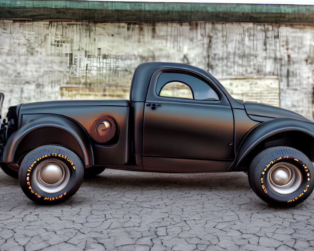 Vintage Black Pickup Truck with Ornate Wheel Rims in Empty Lot