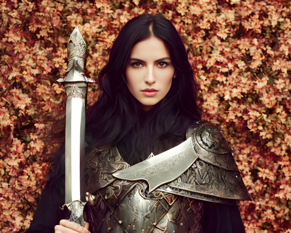 Woman in Medieval Armor with Sword in Autumnal Setting