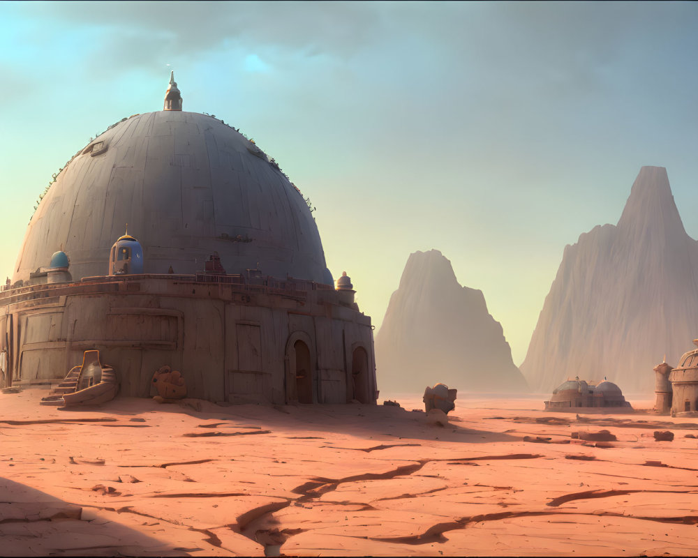 Large domed structure in desert landscape with rock formations and smaller buildings under hazy sky