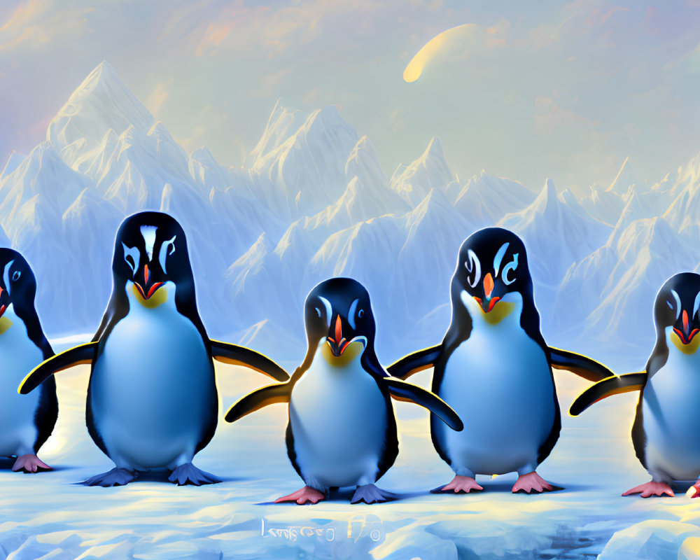 Five animated penguins on ice with snowy mountain landscape & hazy sky