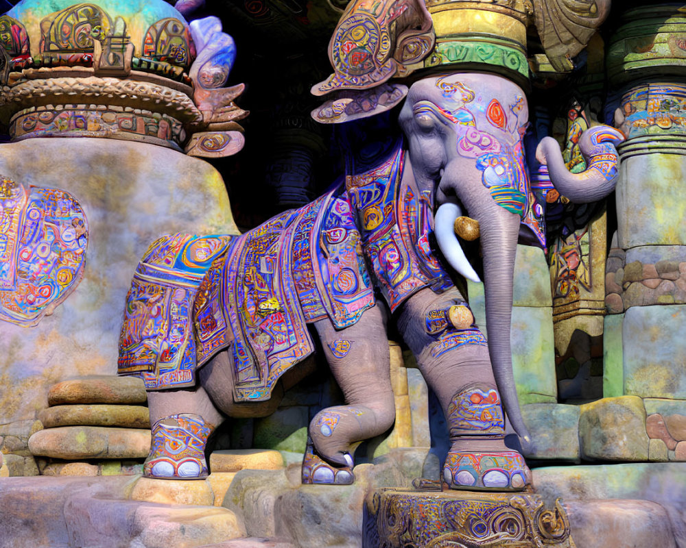 Colorful digital artwork: Ornate elephant in stone ruins