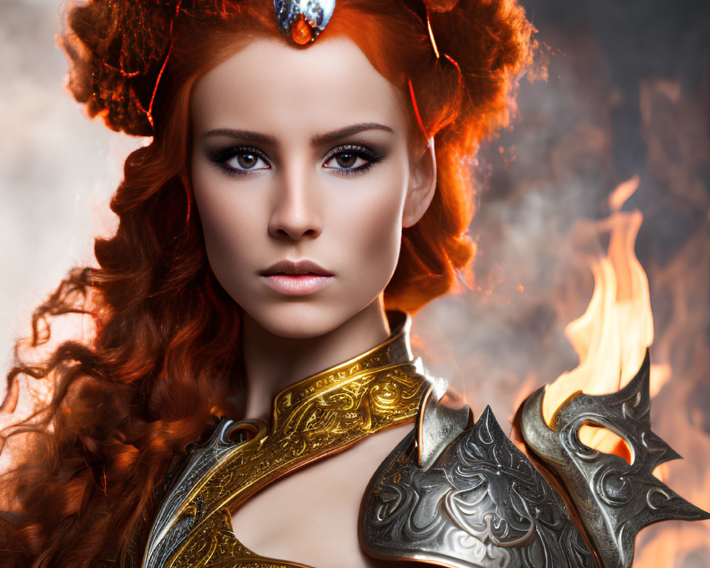 Fiery Red-Haired Woman in Ornate Armor with Forehead Gem on Fiery Background