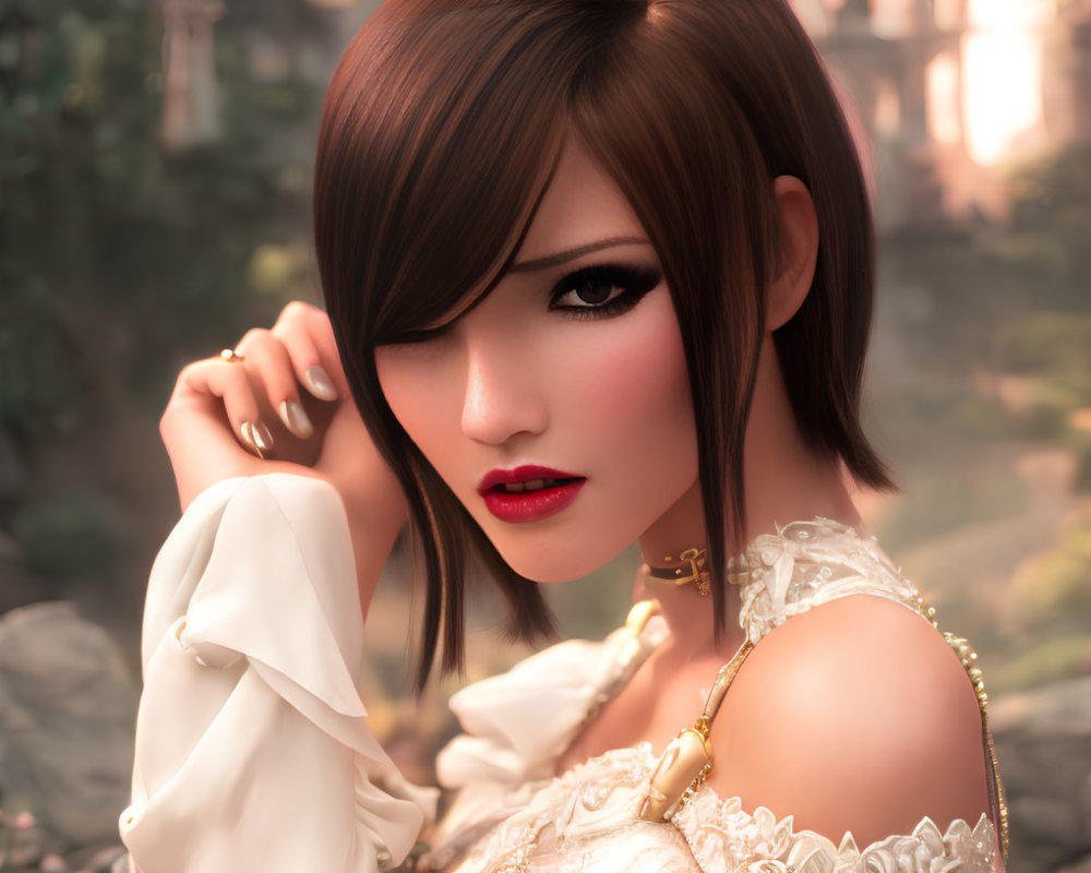 Digital artwork: Woman with short brown hair and striking makeup in white dress with gold accents against blurred natural