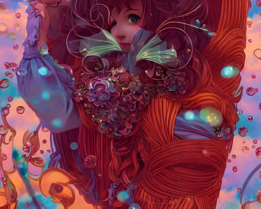 Colorful Illustration of Girl with Red Hair Surrounded by Bubbles, Flowers, and Butterfly