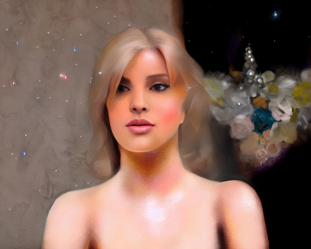 Blonde Woman Portrait with Mystical Background and Floral Details