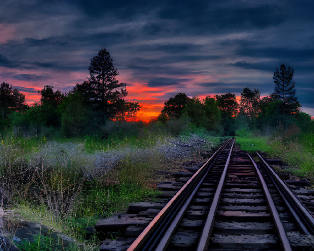 Scenic railroad tracks at sunset with silhouetted trees