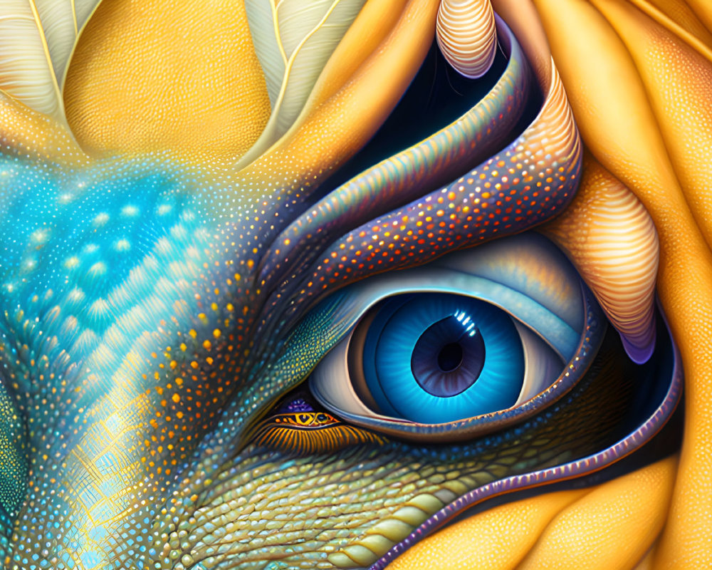 Colorful surreal eye surrounded by abstract patterns in blue, yellow, and orange