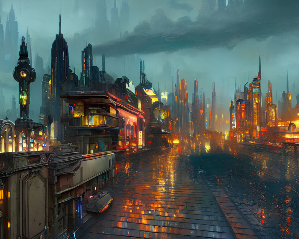 Futuristic cityscape at dusk: illuminated skyscrapers, neon signs, wet streets