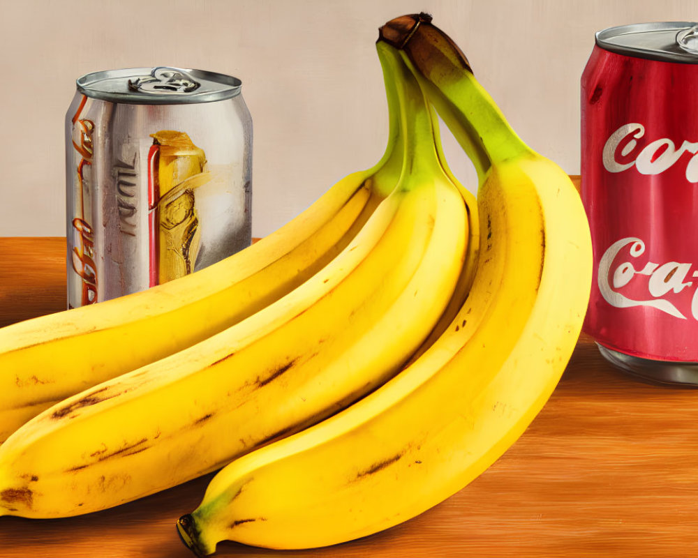 Ripe bananas between soda cans on wooden surface