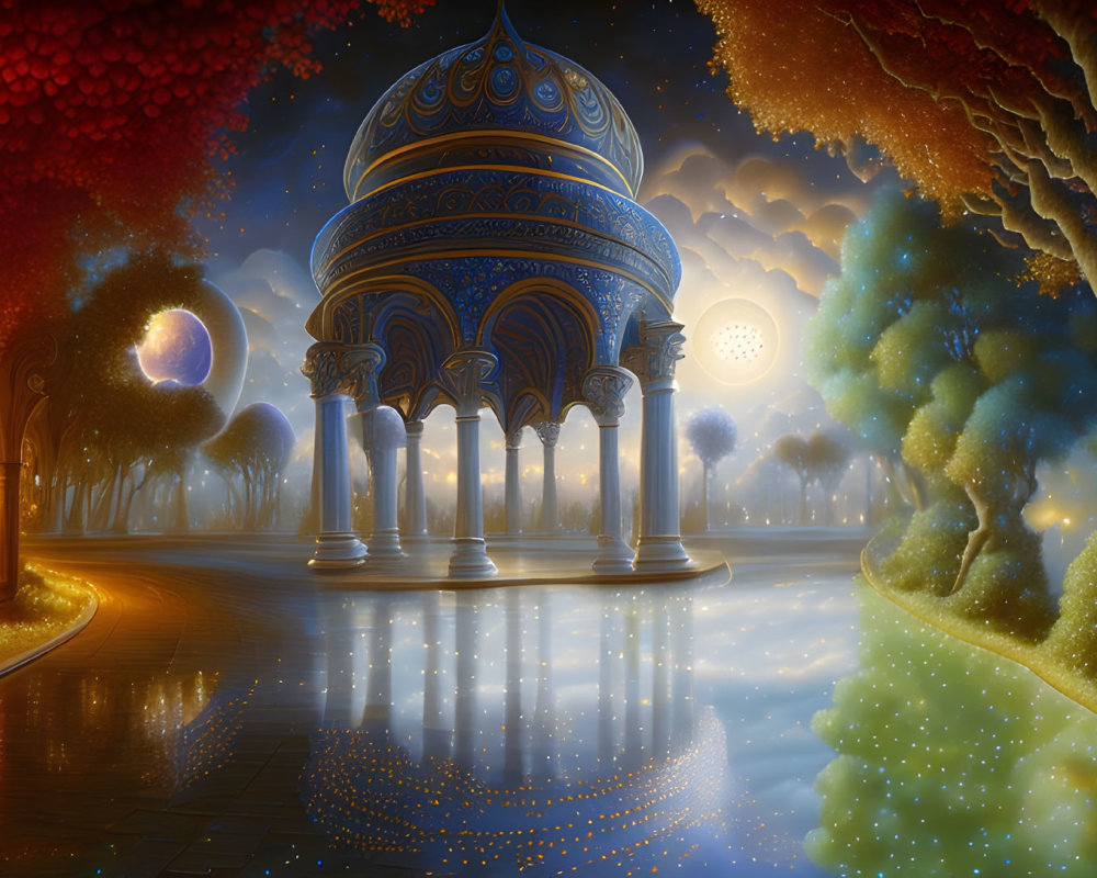 Fantastical landscape with ornate domed structure and glowing trees