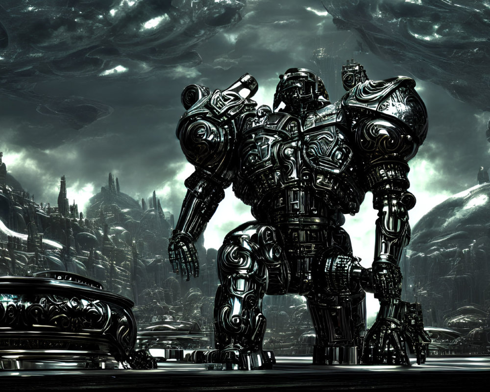 Futuristic metallic robot in gloomy mechanized landscape