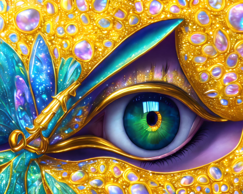 Detailed illustration of human eye with butterfly on golden background