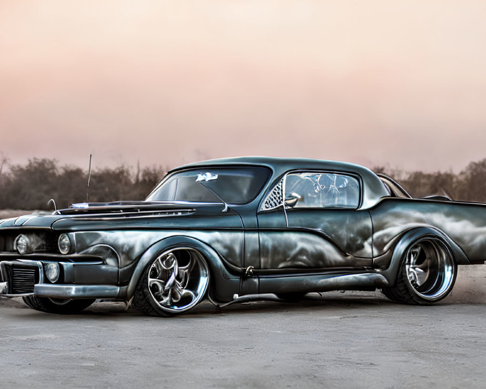 Custom Vintage Car with Teal Patina and Large Chrome Rims at Sunset