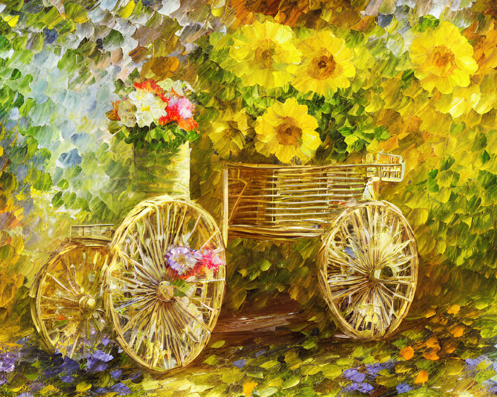 Colorful digital painting: Wooden cart with blossoming flowers in vibrant, impressionistic setting.