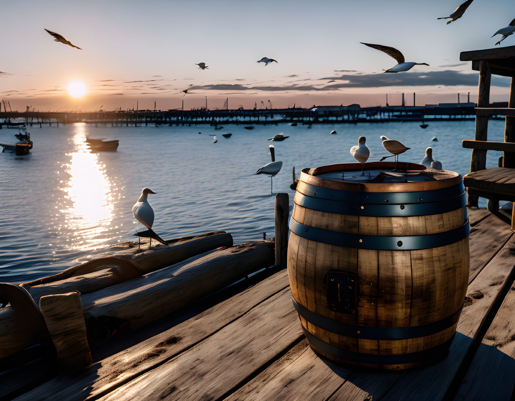 Seagulls perching and flying at sunset by a tranquil sea with boats.