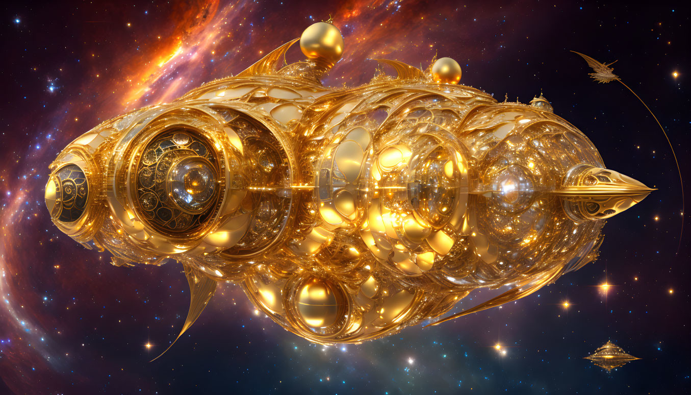 Ornate Golden Spaceship Against Cosmic Nebulae