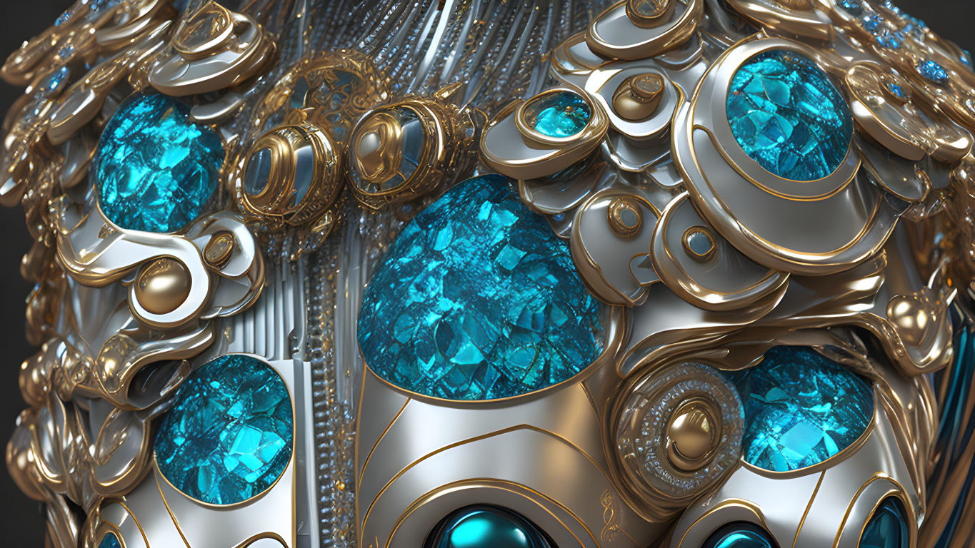 Intricate gold and silver digital artwork with blue gemstones