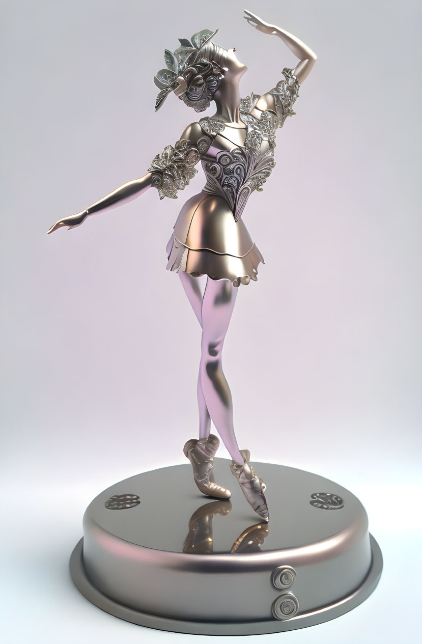 Metallic Ballerina Figurine with Ornate Headpiece and Costume on Pedestal with