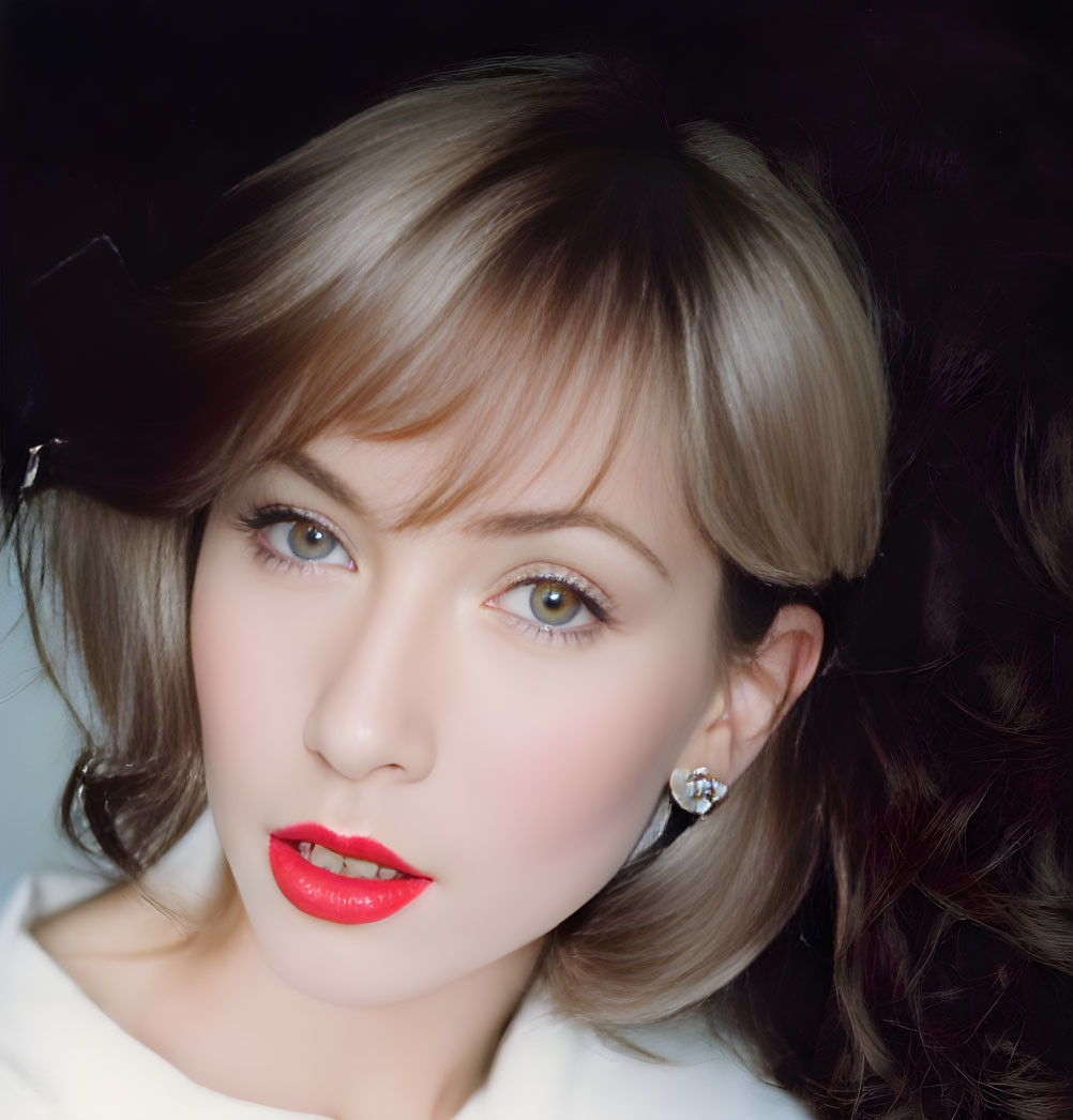 Portrait of woman with dark blonde hair, blue eyes, red lipstick, white top, silver earring