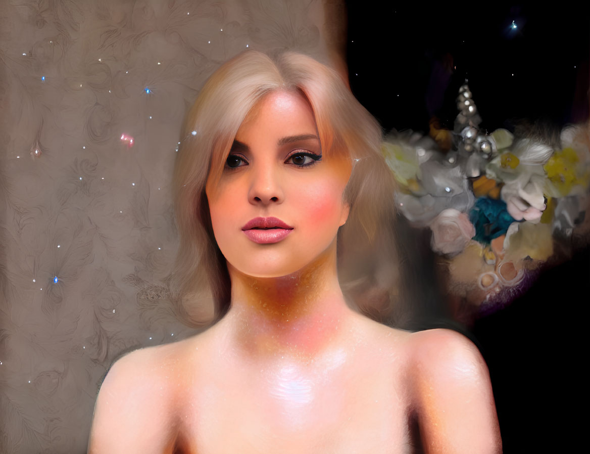 Blonde Woman Portrait with Mystical Background and Floral Details