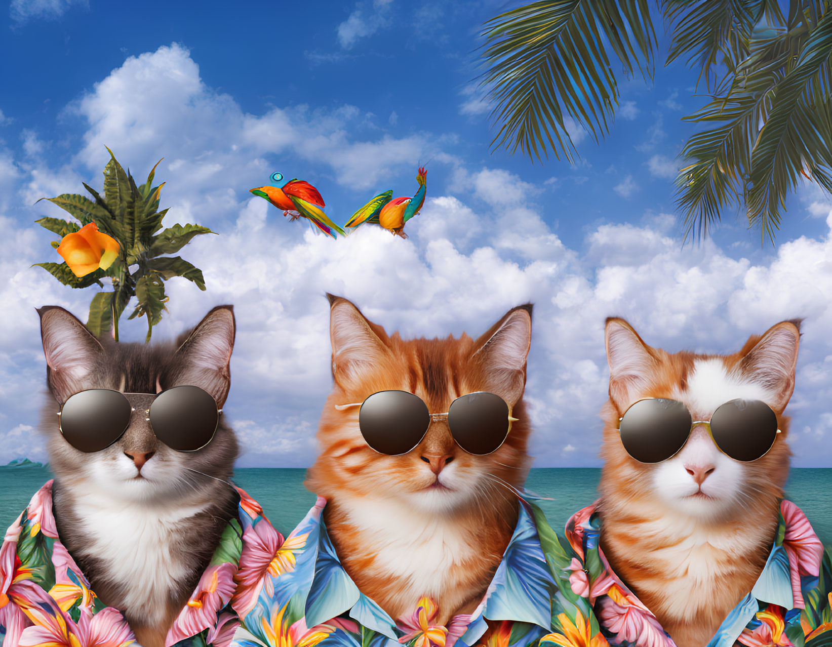 Three cats in sunglasses and tropical shirts under clear blue sky with flying birds.